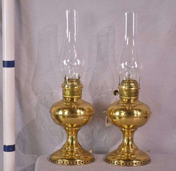 Pair of electric converted brass oil lamps; 396-1395