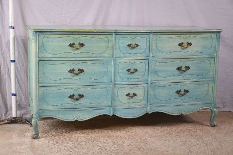 Blue French style serpentine front 9 drawer triple dresser; 55-12193