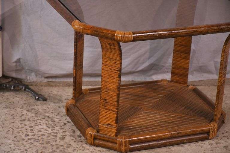 Rattan mid-century style side table with tinted glass top; 336-4573