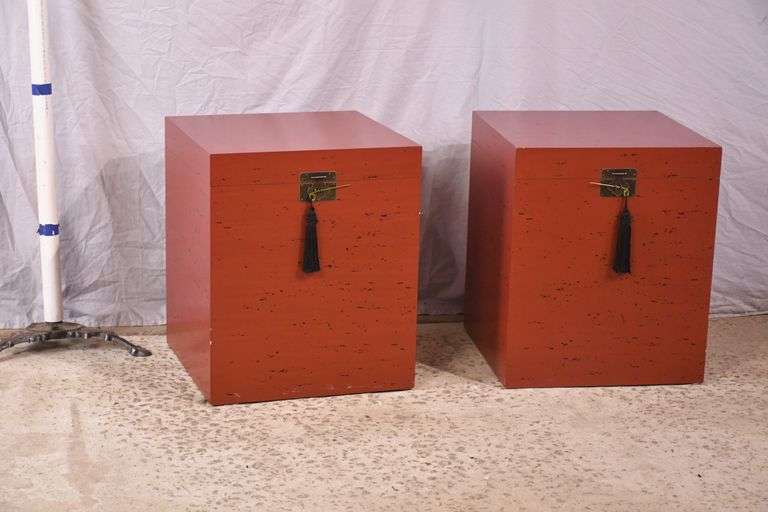 Pair of distressed red Oriental style lift-top boxes; 1152-103