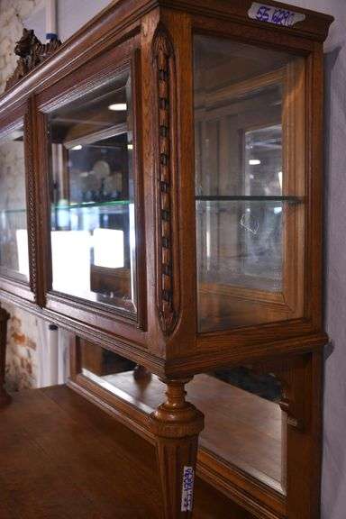 Carved oak French style 3 part buffet with beveled mirror backsplash; 55-12290