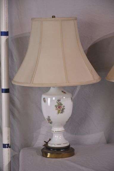 Pair of floral decorated white glass lamps with shades; 55-12279