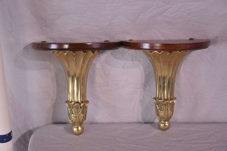 Pair of half-round gold metal and wood wall sconce shelves; 16721-059