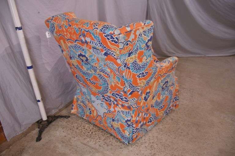 Upholstered wingback armchair with dragon pattern fabric; 336-4581