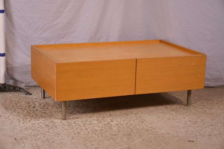 Oak 2 drawer coffee table with silver metal legs; 55-12287