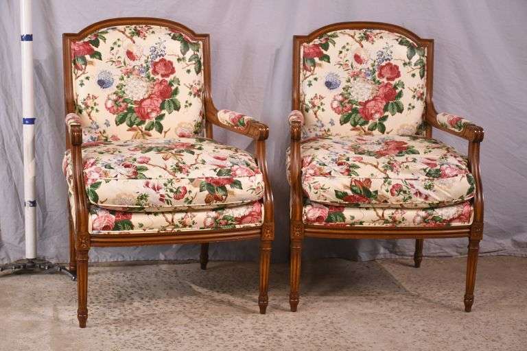 Pair of Meyer, Gunther, & Martini French style open armchairs with down cushions and floral fabric; 18305-028