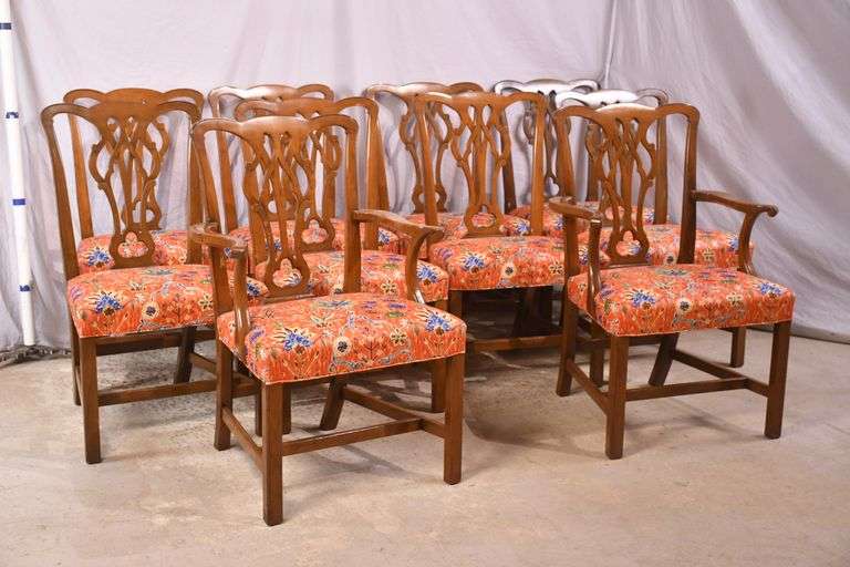 Set of 10 solid mahogany Chippendale style dining chairs; 55-12206