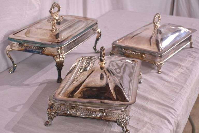 Group of 3 silverplate casserole dishes with Pyrex glass inserts; 74-12881A
