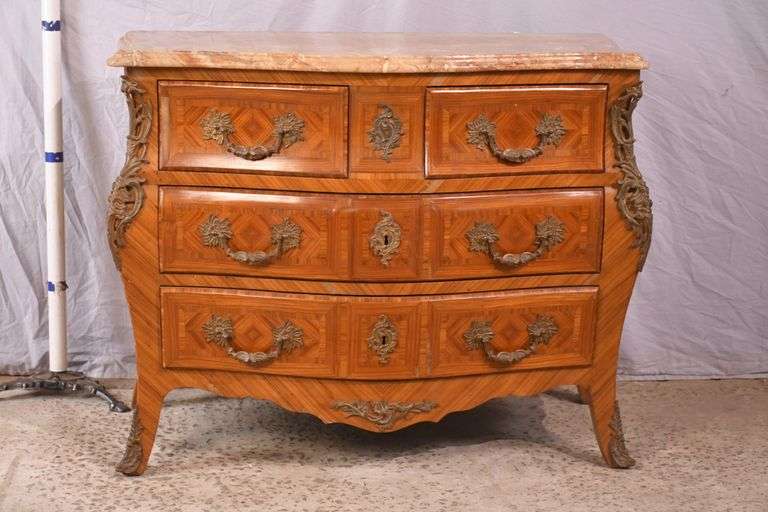 Inlaid ormolu mounted bombe style 2 over 2 drawer dresser with marble top; 55-12172B