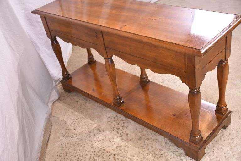 Pine 2 drawer two-tier console table with turned columns; 5038-003