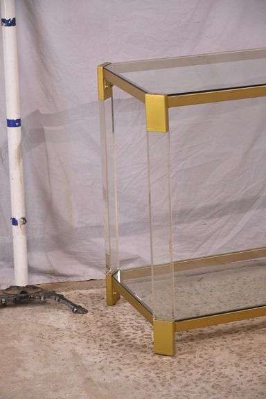 Lucite and gold metal console table with glass top and shelf; 74-12880