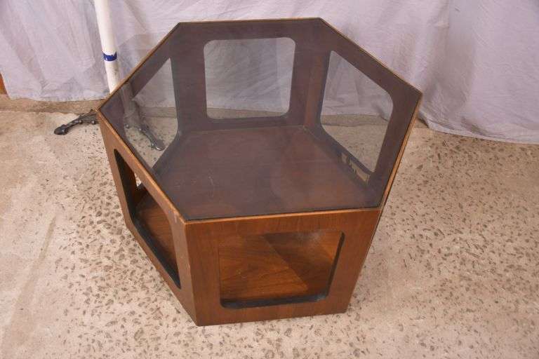 Mid-century style walnut hexagonal end table with tinted glass top; 55-12326