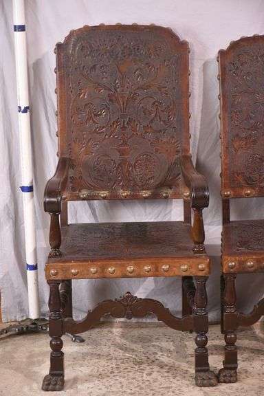 Set of 4 carved dining chairs with embossed leather seats and backs; 192-3099