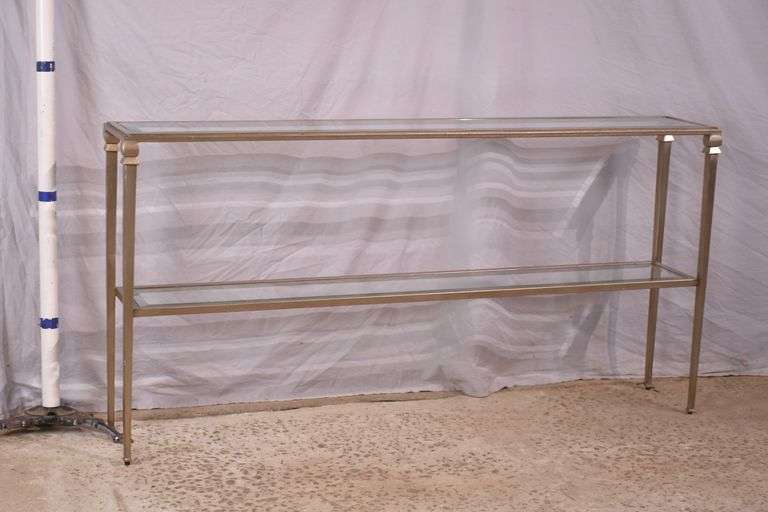 Narrow metal two-tier console table with beveled glass top and shelf; 396-1388