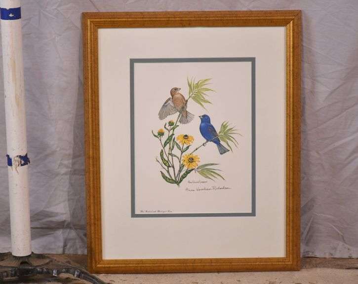 Signed framed print "Blue Grosbeak with Black-eyed Susan" by Anne Worsham Richardson; 18092-026
