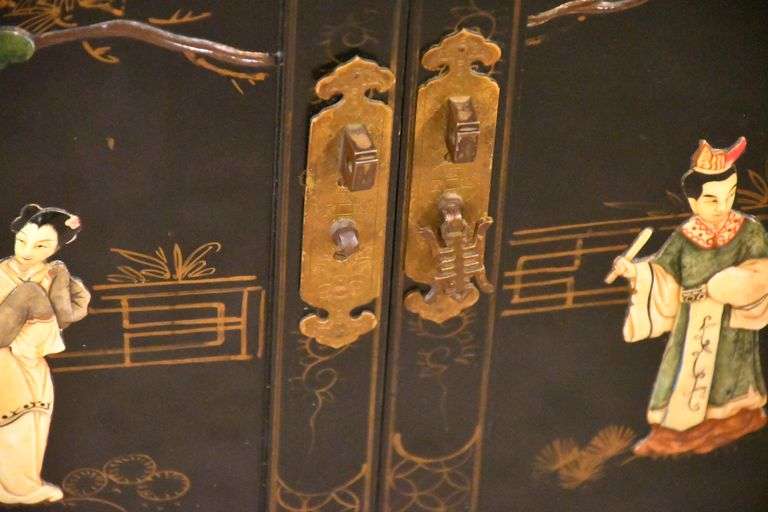 Black and gold Oriental decorated 2 part armoire with fitted interior; 55-12157