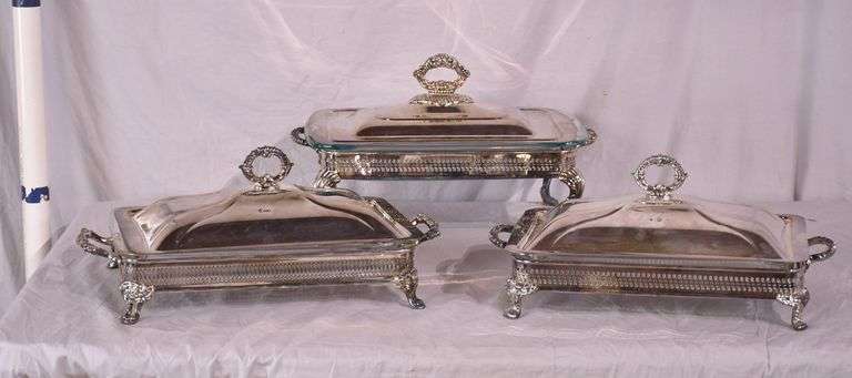 Group of 3 silverplate casserole dishes with Pyrex glass inserts; 74-12881A