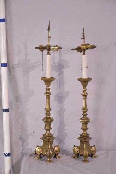 Pair of tall brass lamps; 55-12345