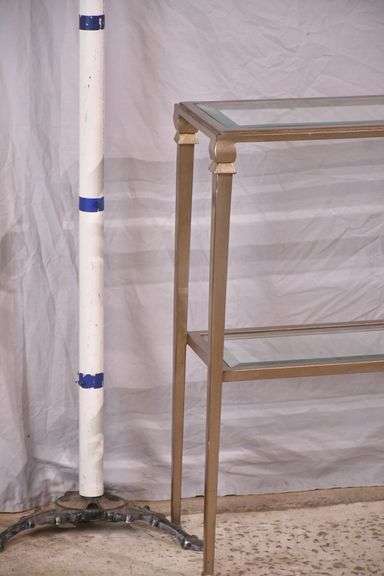 Narrow metal two-tier console table with beveled glass top and shelf; 396-1388