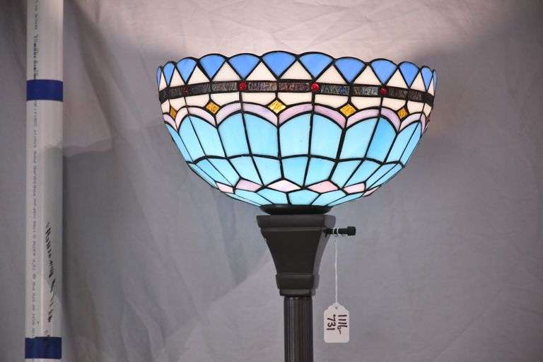 Tall metal floor lamp with blue stained glass shade; 1116-731
