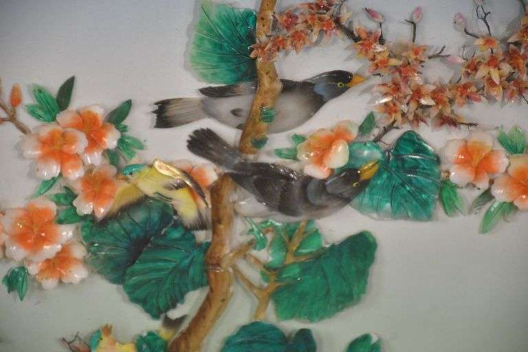 Oriental style shell artwork of birds and branches in shadowbox style frame; 55-12220