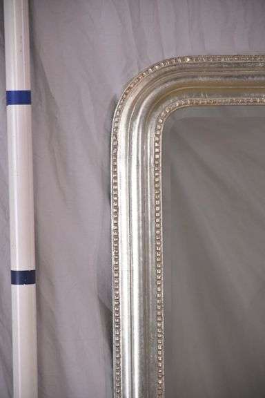 Pottery Barn large beveled mirror with silver frame; 1152-101