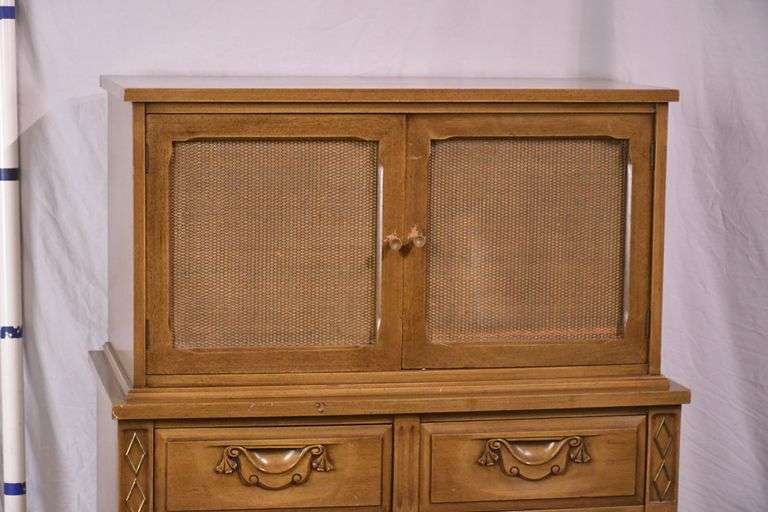 Mid-century style chest on chest with fitted interior; 55-12195