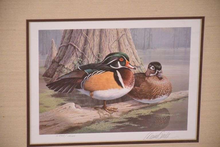 Signed limited edition framed 1985 First of Georgia waterfowl print and stamp by Daniel Smith; 55-12218B