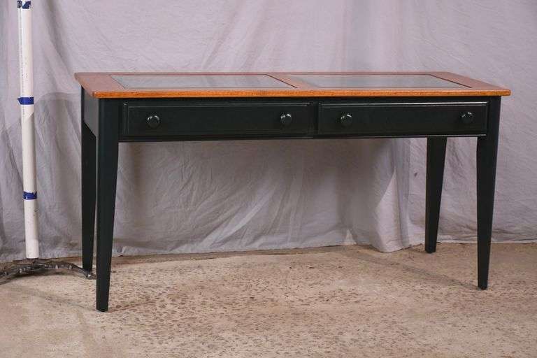 Green 2 drawer display sofa table with oak top and beveled glass inserts; 5038-005