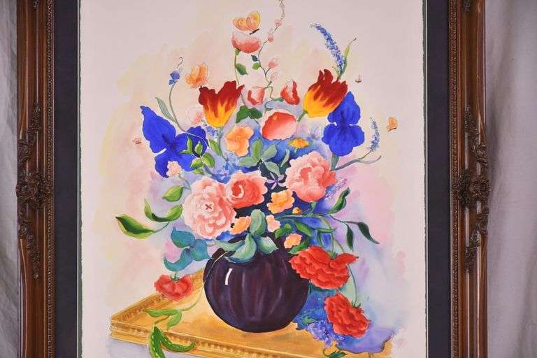 Large framed print of a floral watercolor by Nancy Cowan; 1037-1168