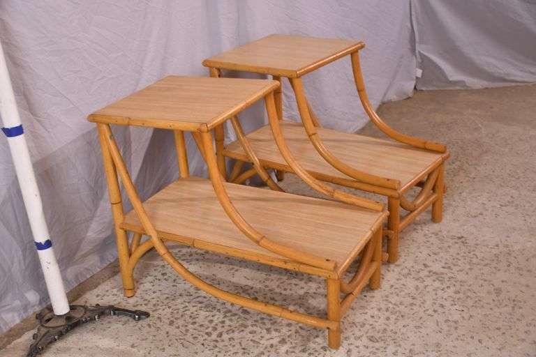 Pair of rattan bentwood two-tier step back side tables with Formica tops; 1116-729