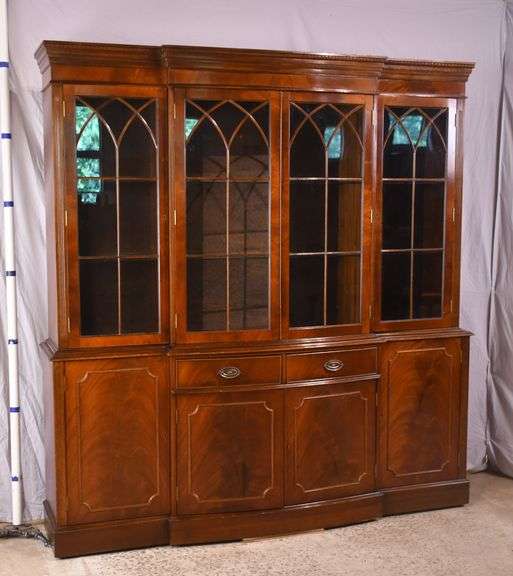 Crotch mahogany 2 part bowfront breakfront; 55-12189