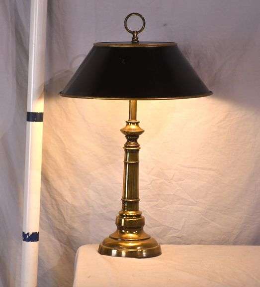 Gold metal lamp with black metal shade; 55-12201A