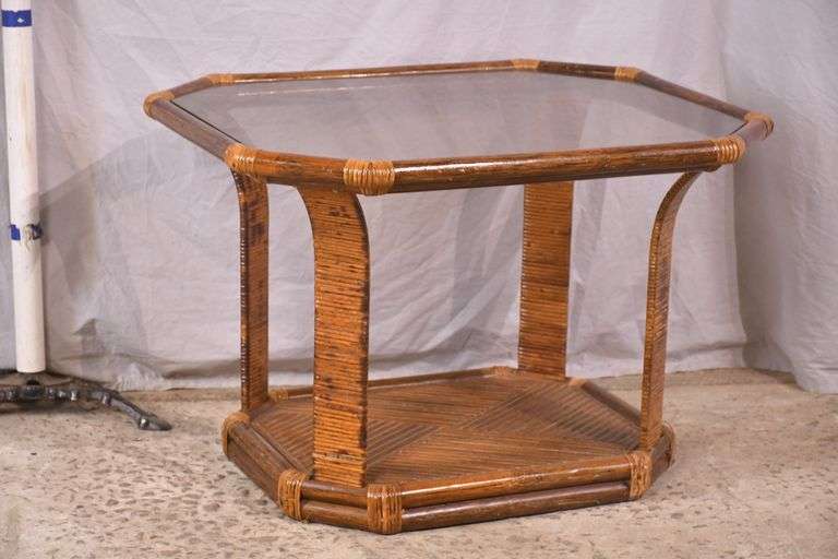 Rattan mid-century style side table with tinted glass top; 336-4573