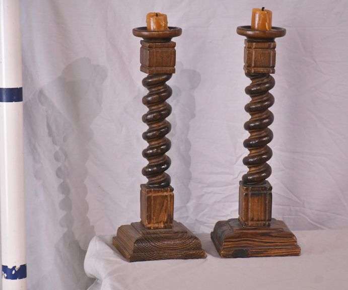 Pair of carved pine barley twist candlestands; 55-12255