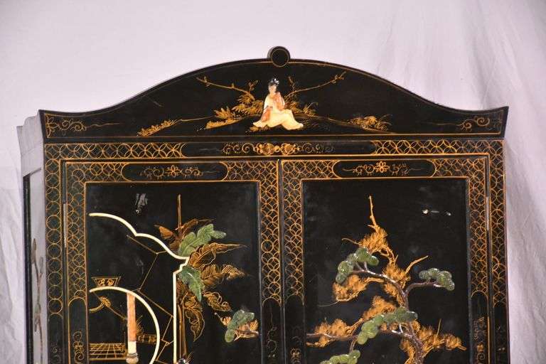 Black and gold Oriental decorated 2 part armoire with fitted interior; 55-12157