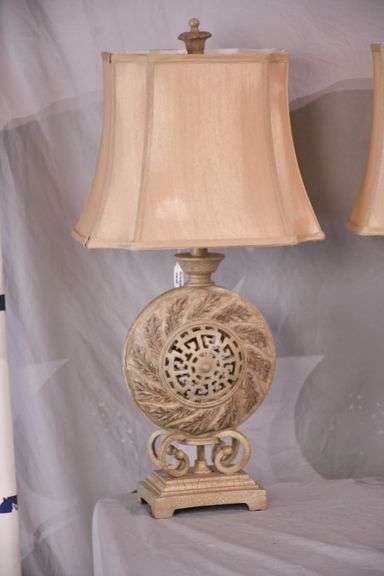 Pair of ornate off-white crackle finish lamps with shades; 5038-002