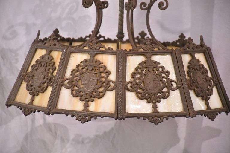 Vintage ornate iron and slag glass chandelier; 55-12295