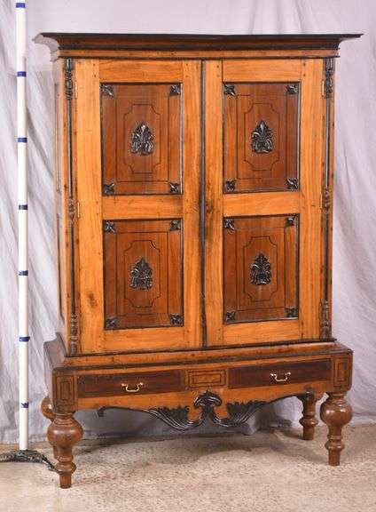 Early inlaid 2 door armoire with black trim; 55-12302