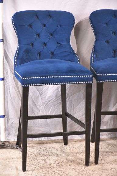 Set of 3 Abbyson Living blue tufted back bar chairs with silver nail head trim; 1153-090