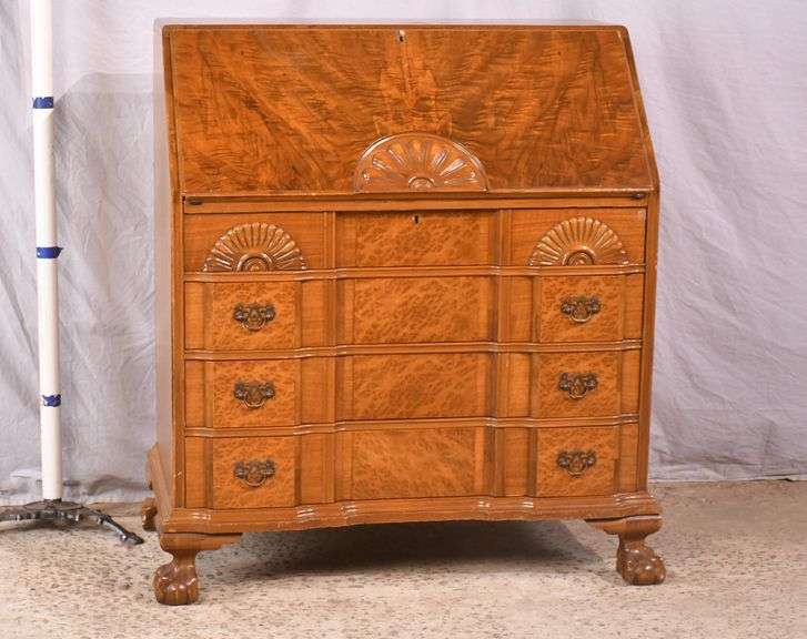 Burl walnut slant-front desk with ball in claw feet; 55-12174