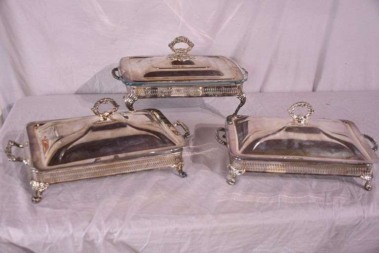 Group of 3 silverplate casserole dishes with Pyrex glass inserts; 74-12881A