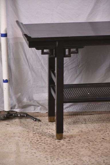 Black Oriental style two-tier console table with cane shelf; 55-12317