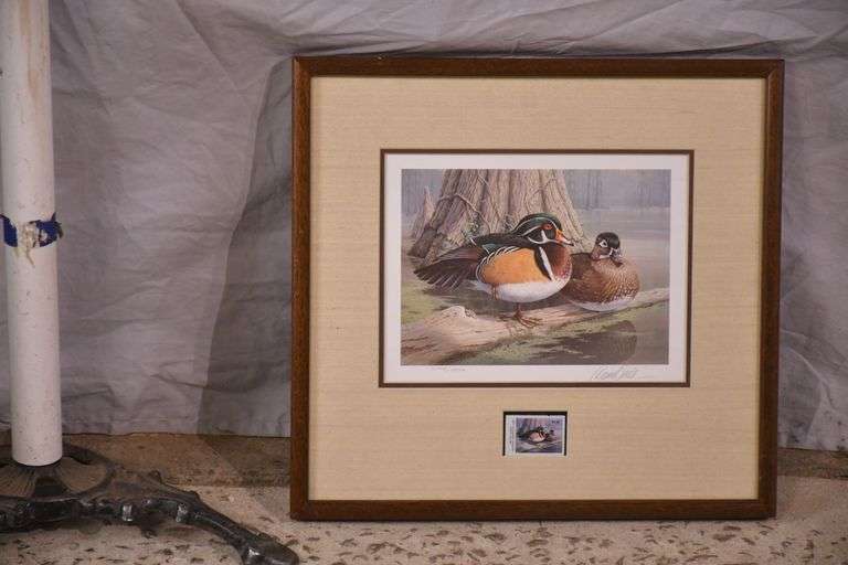 Signed limited edition framed 1985 First of Georgia waterfowl print and stamp by Daniel Smith; 55-12218B