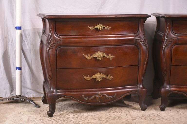 Pair of carved cherry French style 3 drawer bedside chests; 74-12878C
