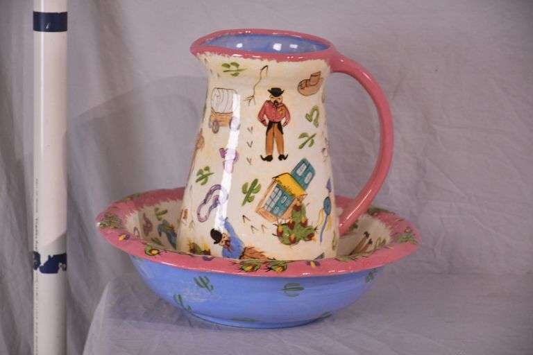 Ceramic pitcher and bowl with southwestern scene designs; 74-12903G