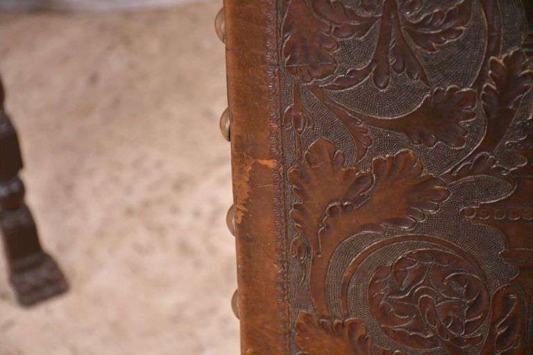 Set of 4 carved dining chairs with embossed leather seats and backs; 192-3099