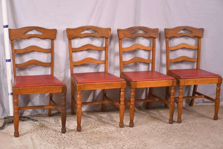 Set of 4 ladderback chairs with red vinyl seats; 3072-008