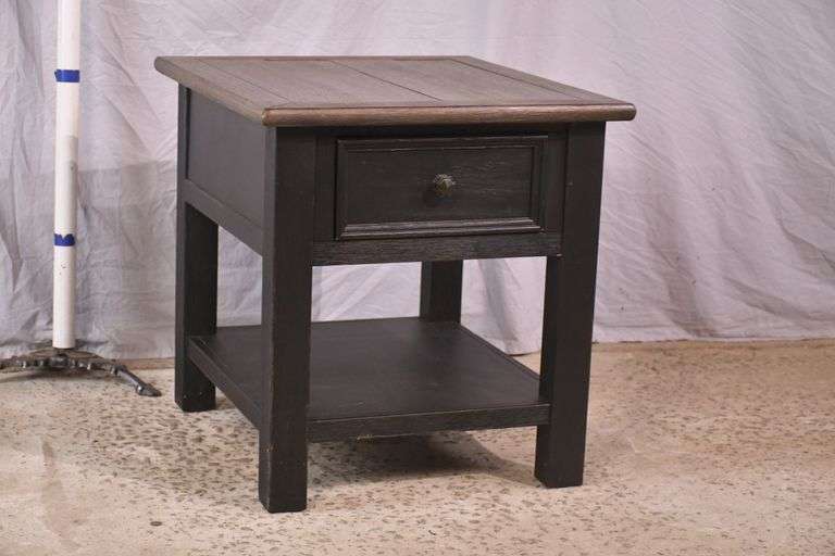 Black two-tier single drawer end table with gray top; 14435-016