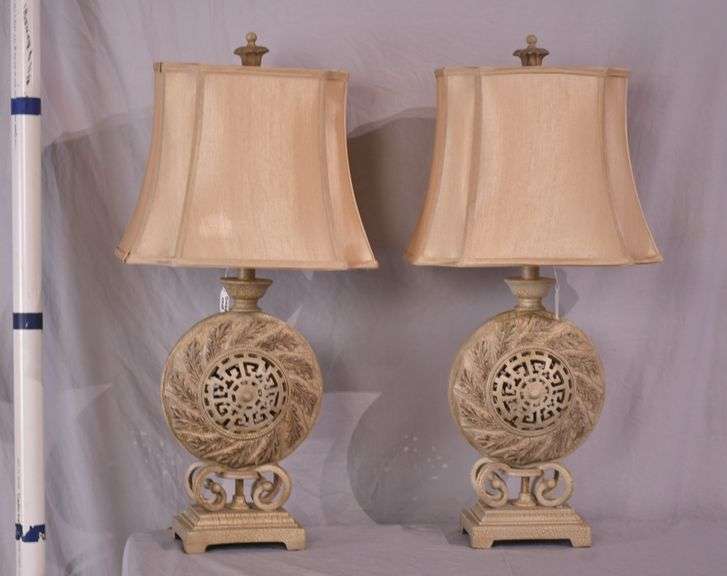 Pair of ornate off-white crackle finish lamps with shades; 5038-002
